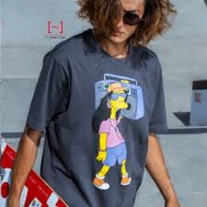 THE SIMPSONS Men's Otto Mann Stereo Graphic Tee - Charcoal Black Cartoon Print